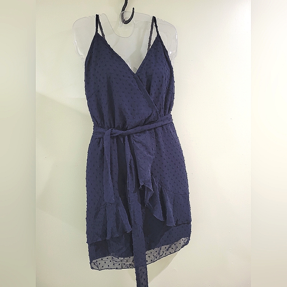 NEW Spaghetti strap chiffon layered Ruffle wrap slip dress w/ dot pattern. M - Picture 6 of 16